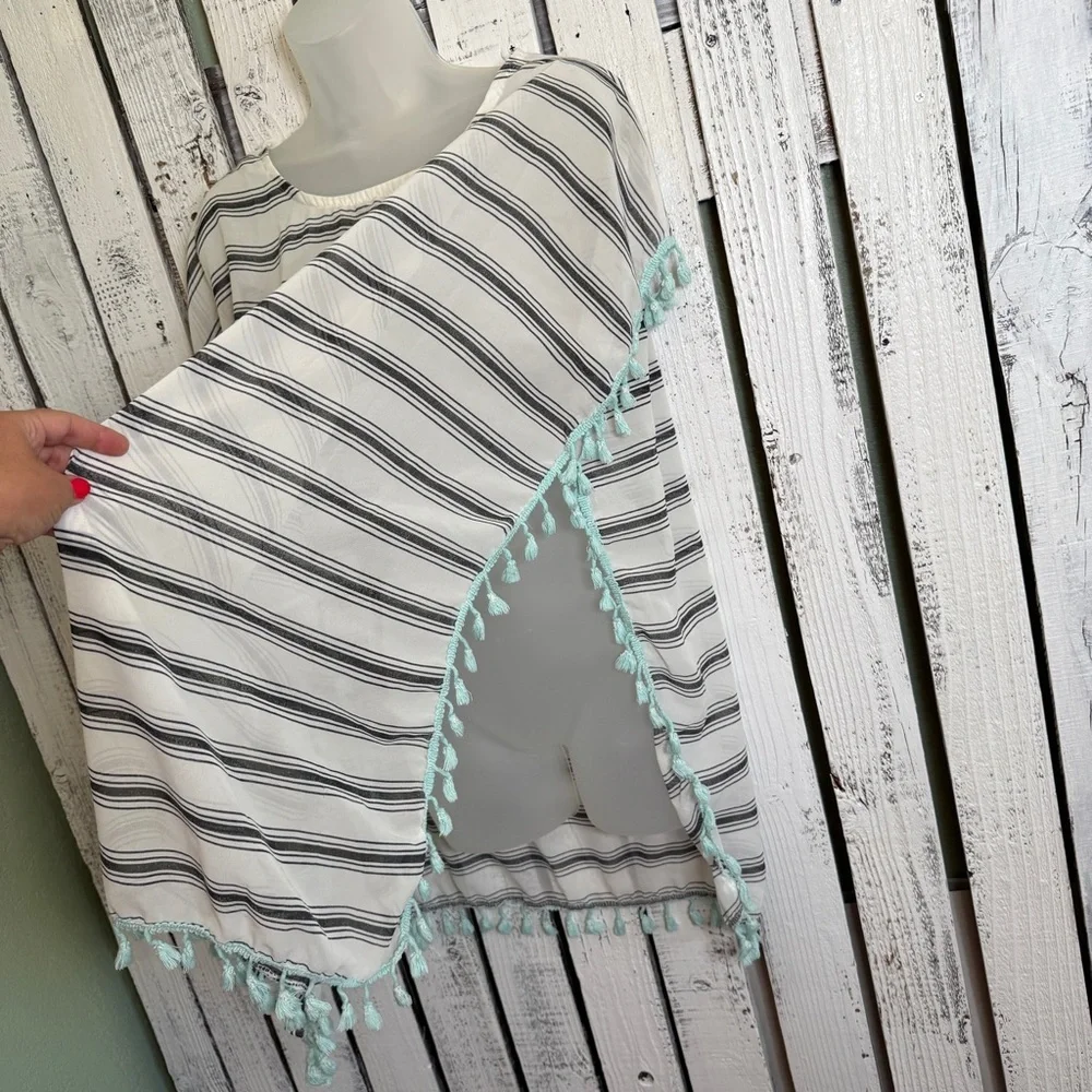 Swimsuit Cover Up Semi Sheer Black & White‎ Striped Turquoise Fringe One Size